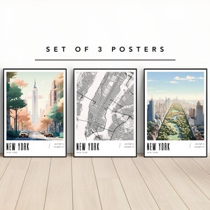 Conjunto de carteles de Nueva York, arte mural de Nueva York, mapa de Nueva York, descarga digital, impresión de póster con mapa de Nueva York, impresión de Nueva York, idea de regalo de Nueva York