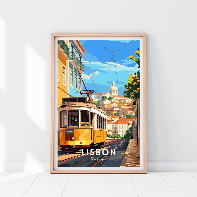 May include: A vintage-style travel poster featuring a yellow tram travelling up a hill in Lisbon, Portugal. The poster has a blue sky with white clouds and a cityscape in the background. The text "LISBON Portugal" is at the bottom of the poster.