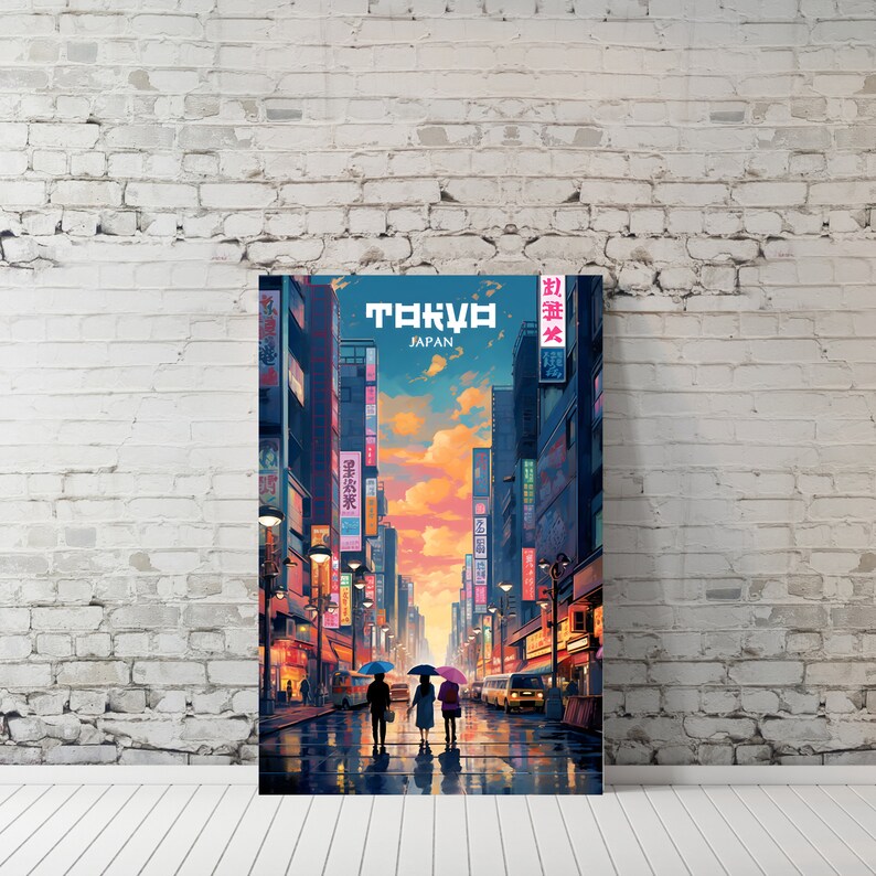 May include: A digital illustration of a cityscape in Tokyo, Japan. The image features a street lined with tall buildings, neon signs, and a sunset sky. Three people are walking down the street, each holding an umbrella. The text "TOKYO" and "JAPAN" is displayed at the top of the image.