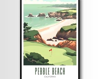 Cartel de viajes de Pebble Beach, arte de la pared de Pebble Beach, impresión de viajes de Pebble Beach, impresión de viajes de golf, descarga digital, campo de golf de Pebble Beach