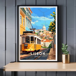 May include: A yellow and white tram travels uphill in Lisbon, Portugal. The tram is labelled "888" and the city name is written in black text on a white background.