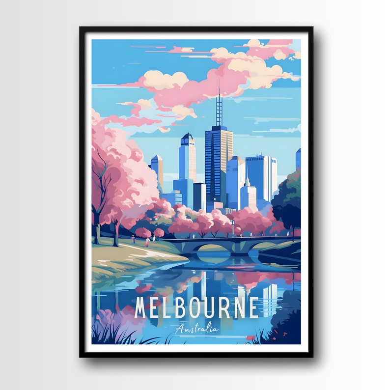 May include: A colorful illustration of the Melbourne skyline with a bridge and river in the foreground. The city is depicted with tall buildings and pink clouds in a blue sky. The text "MELBOURNE" and "Australia" is at the bottom of the image.