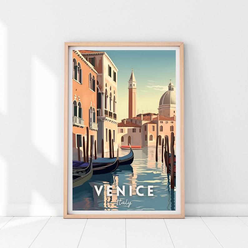 May include: A vintage travel poster featuring a colorful illustration of Venice, Italy. The poster shows a canal with gondolas, buildings, and a church with a dome. The text "VENICE - Italy" is at the bottom of the poster.
