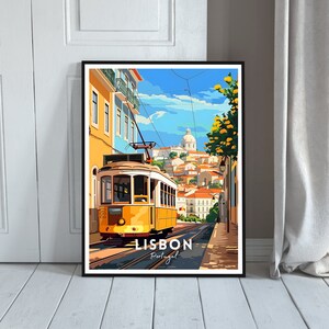 May include: A yellow tram travels uphill in Lisbon, Portugal. The tram is surrounded by colourful buildings and a blue sky with white clouds. The text "LISBON Portugal" is at the bottom of the image.