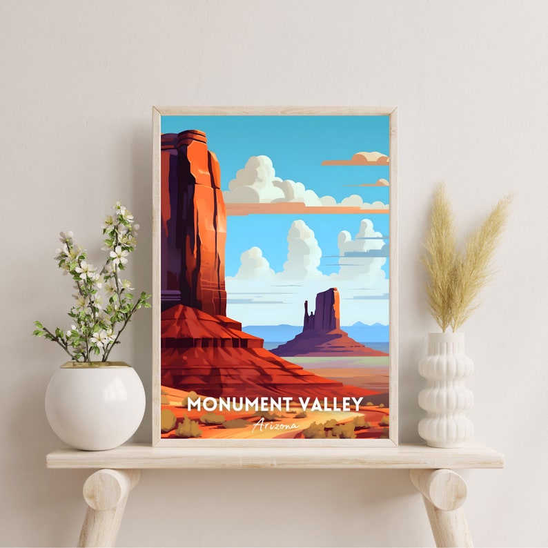 Pu&ograve; includere: Un'illustrazione colorata di Monument Valley in Arizona. L'immagine presenta due grandi formazioni rocciose rosse su uno sfondo di cielo blu con nuvole bianche. Il testo "Monument Valley Arizona" &egrave; stampato nella parte inferiore dell'immagine.