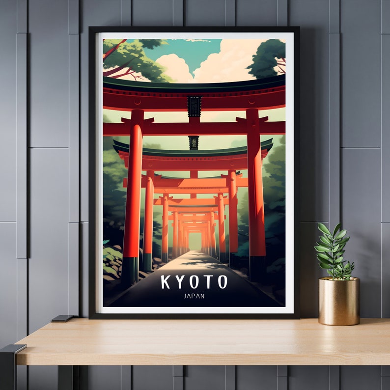 May include: A vintage travel poster featuring a red torii gate, a traditional Japanese gateway, leading to a path through a forest. The poster has the text "KYOTO JAPAN" at the bottom.