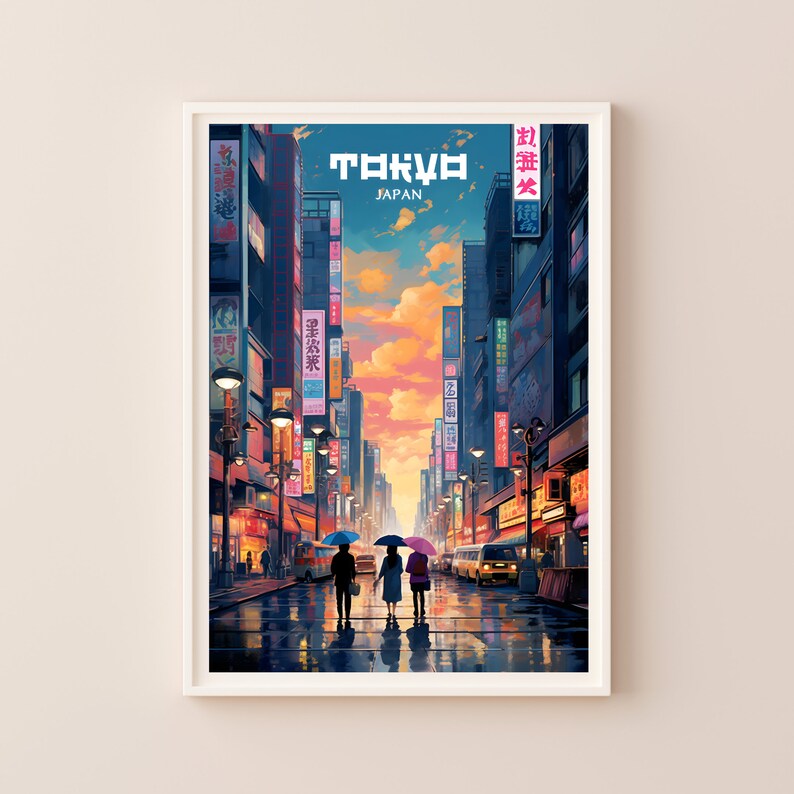 May include: A retro-style poster featuring a cityscape of Tokyo, Japan. The poster has a vibrant color palette with a pink and orange sunset sky. Three people are walking down a street lined with buildings and neon signs. The text "TOKYO" and "JAPAN" is displayed on the poster.