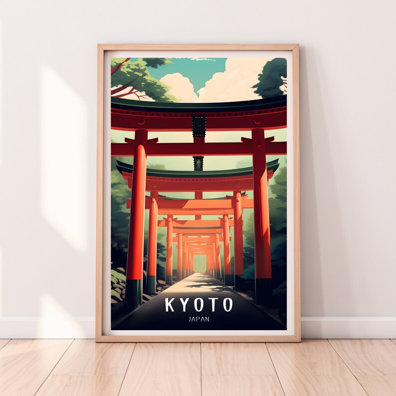 May include: A vintage travel poster featuring a red torii gate in a forest setting. The poster has the text "KYOTO JAPAN" at the bottom.
