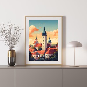 May include: A colorful illustration of the Tallinn skyline, featuring a tall church tower with a blue spire and red roofs. The text "TALLINN, Estonia" is printed below the image.