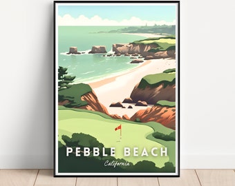 Cartel de viajes de Pebble Beach, arte de la pared de Pebble Beach, impresión de viajes de Pebble Beach, impresión de viajes de golf, descarga digital, campo de golf de Pebble Beach