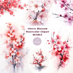 Botanische Aquarell Clipart Bundle, Kirschblüte, Blumen Hochzeit Clipart, Einladung, Laub Clipart