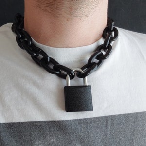 Ketting, metaal, halsketting, halsband, zwart, slot, punk, gothic, rock, alternatief, zwaar, slaaf, homo, puppy, sub, hangslot, 6 mm
