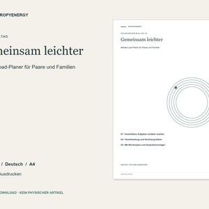 Op de afbeelding: Een digitaal plannerdocument getiteld Gemeinsam leichter, ontworpen als een mental load planner voor koppels en gezinnen. De witte pagina bevat donkere tekst, een cirkelvormige afbeelding met een groene stip en drie genummerde taken.