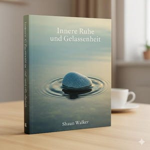 Op de afbeelding: Een boek getiteld "Innere Ruhe und Gelassenheit" van Shaun Walker. De omslag toont een blauwe steen in water, waardoor rimpelingen ontstaan. Het boek ligt op een houten tafel. Op de achtergrond staat een witte kop en schotel.
