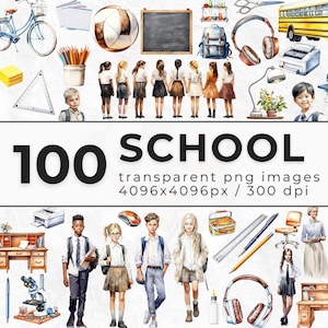 Clipart escolar aquarela - Pacote de clipart de crianças e professores em idade escolar - Material escolar PNG - De volta às aulas - Licença comercial