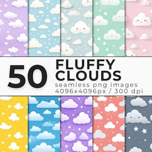 Fluffy Clouds Seamless Digital Paper - Cute Clouds PNG - Patterns for Scrapbooking, Journaling, Planners - Commercial Use