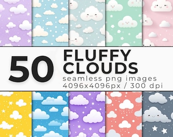 Fluffy Clouds Seamless Digital Paper - Cute Clouds PNG - Patterns for Scrapbooking, Journaling, Planners - Commercial Use
