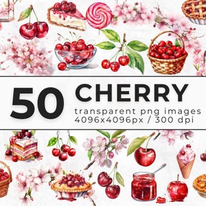 Watercolor Cherry Clipart - Clipart Bundle of Cherries - Cherry PNG for Digital Download - Fruit - Commercial License - Commercial Use