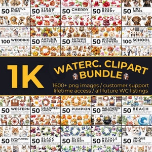 Watercolor Clipart Shop Mega Bundle - 1600+ PNG Images - Animals, Flowers, Fruits, Seasons for Digital Download - Commercial License