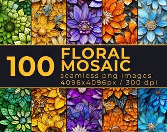 Floral Mosaic Seamless Digital Paper - Stained Glass PNG - Patterns for Scrapbooking, Journaling, Planners - Commercial Use