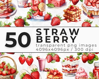 Watercolor Strawberry Clipart - Clipart Bundle of Strawberries - Strawberry PNG for Digital Download - Commercial License - Commercial Use