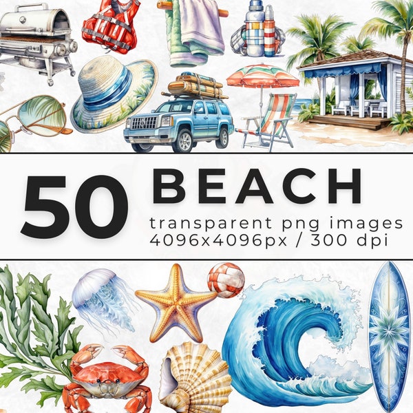 Watercolor Beach Clipart - Clipart Bundle of Summer Beach Vacation and Travel - Beach PNG for Digital Download - Commercial License