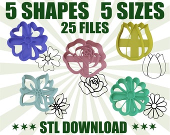 Cookie cutter STL flowers 5 files Pack Clay Cutting 3D Print Download
