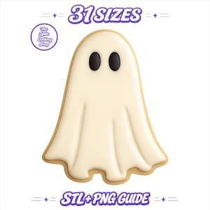 May include: A white ghost-shaped cookie with two black oval eyes. The text 31 SIZES appears at the top, and STL+PNG GUIDE is at the bottom. A circular logo with the text The Little Cutting Shop is in the upper left corner, all in purple.