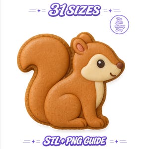 Pode incluir: Um biscoito em forma de esquilo castanho com rosto e peito cor de creme, apresentando uma cauda grande e felpuda. O texto 31 SIZES e STL+PNG GUIDE aparece em roxo, junto com um logótipo circular escrito The Little Cutting Shop.