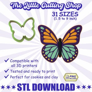 May include: A colorful butterfly-shaped cookie cutter with a green outline and a detailed butterfly design in orange, teal, and purple. The image includes the text "The Little Cutting Shop" and "31 Sizes (1.5 to 9 inch)".