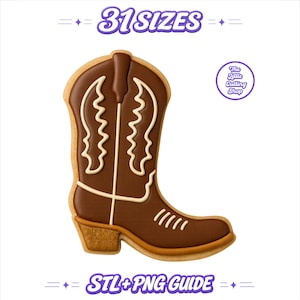 May include: A brown cowboy boot cookie with white icing details, featuring the text 31 SIZES and STL+PNG GUIDE. The boot has a textured heel and decorative piping. A circular logo reads The Little Cutting Shop in purple text on a white background.