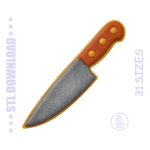 May include: A knife-shaped cookie cutter with a grey blade and a brown handle with three yellow dots. The cutter has a yellow outline. Text on the image says "STL DOWNLOAD" and "31 SIZES". A small logo is also present.