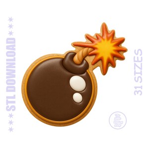 Peut inclure: Un biscuit en forme de bombe avec un glaçage marron et des accents blancs, avec une explosion orange et jaune. Le biscuit a une bordure marron clair. Le texte sur l'image indique "STL DOWNLOAD" et "31 TAILLES".
