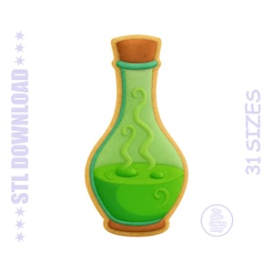 May include: A cookie in the shape of a potion bottle, filled with green liquid and steam. The bottle has a brown cork and a light green outline. The text "STL DOWNLOAD" and "31 SIZES" are visible on the left and right sides of the image.