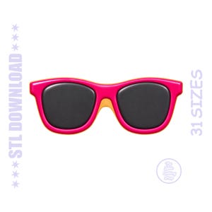 Pode incluir: Óculos de sol rosa brilhante com lentes cinza-escuras. O texto à esquerda diz STL DOWNLOAD e o texto à direita diz 31 SIZES. Um logotipo circular no canto inferior direito contém o texto The Little Cutting Shop.
