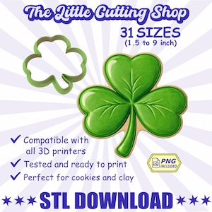 Puede incluir: Un cortador de galletas de trébol verde y una galleta de trébol con un diseño de hoja detallado. La imagen incluye el texto "The Little Cutting Shop" y "31 TAMAÑOS (3,8 a 22,9 cm)". El texto también dice "Compatible con todas las impresoras 3D" y "STL DOWNLOAD".