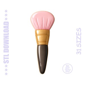 Può includere: Un pennello per il trucco con una testina rosa, una ghiera dorata e un manico marrone scuro. L'immagine include il testo "STL DOWNLOAD" e "31 SIZES". È visibile anche un piccolo logo circolare.