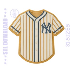 May include: A baseball jersey-shaped cookie cutter with a cream and tan striped design. The jersey has navy blue accents and the letter "NY" on the front. The text "STL DOWNLOAD" and "31 SIZES" are on the left and right sides.