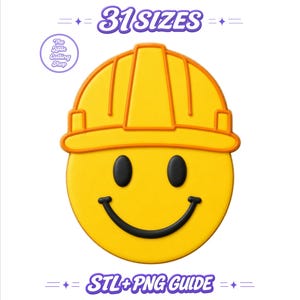 Op de afbeelding: Een geel smiley-icoon met een gele veiligheidshelm. De tekst 31 SIZES staat bovenaan en STL+PNG GUIDE staat onderaan. Een rond logo voor The Little Cutting Shop bevindt zich in de linkerbovenhoek van de afbeelding.