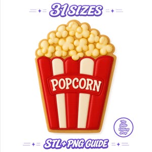 May include: A popcorn bucket graphic with red and white vertical stripes, topped with yellow popcorn kernels. The text 31 SIZES appears at the top, POPCORN is centred on the bucket, and STL+PNG GUIDE is at the bottom with a circular logo.