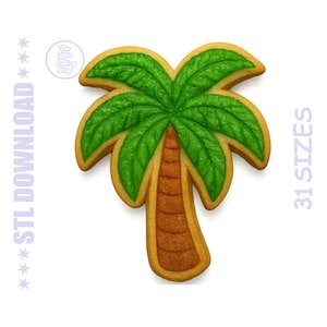 Peut inclure: Emporte-pièce en forme de palmier avec des feuilles vertes et un tronc marron. Le découpoir a une bordure marron clair. Le texte "31 TAILLES" est sur le côté droit de l'image. Le texte "STL TÉLÉCHARGEMENT" est sur le côté gauche.