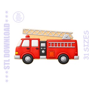 Könnte beinhalten: Ein rotes Feuerwehrauto mit Leiter, schwarzen Rädern und weißen Fenstern. Das Bild enthält den Text "STL DOWNLOAD" und "31 SIZES". Das Logo von "The Little Cutting Shop" ist ebenfalls sichtbar.