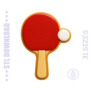 Puede incluir: Un cortador de galletas con forma de raqueta y pelota de ping pong. La raqueta es roja con una superficie texturizada, un mango marrón claro y una bola blanca y marrón claro. El texto a la izquierda dice "STL DOWNLOAD" y el texto a la derecha dice "31 SIZES".