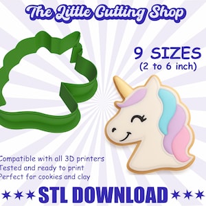 May include: A green unicorn head cookie cutter next to a decorated unicorn cookie. The text reads "The Little Cutting Shop", "9 Sizes (2 to 6 inch)", and "STL DOWNLOAD".