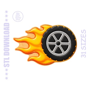 Peut inclure: Image de dessin animé d'un pneu en feu. Le pneu est noir avec un moyeu argenté, et les flammes sont jaunes et orange. Le texte "STL DOWNLOAD" est à gauche et "31 TAILLES" à droite.