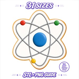 May include: A digital graphic of an atom symbol with a central blue circle, three smaller red, green, and yellow spheres on gray orbital paths, and a light orange border. Text reads 31 SIZES, STL+PNG GUIDE, and The Little Cutting Shop.