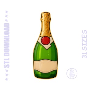 May include: A green champagne bottle illustration with a gold top and a red seal. The bottle has a blank label and is outlined in a dark brown color. Text on the left says "STL DOWNLOAD" and on the right "31 SIZES".