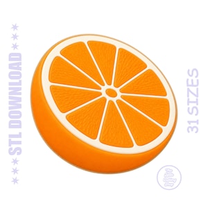 May include: A 3D-rendered orange slice with a textured surface. The orange is bright orange with white segments and a white rind. The image includes the text "STL DOWNLOAD" and "31 SIZES".