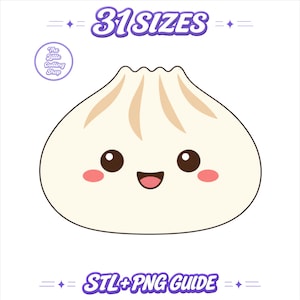 Op de afbeelding: Een digitale illustratie van een crèmekleurige dumpling met een lachend gezicht, roze wangen en donkere ogen. De tekst 31 SIZES staat bovenaan en STL+PNG GUIDE onderaan. Een rond logo bevat de tekst The Little Cutting Shop.