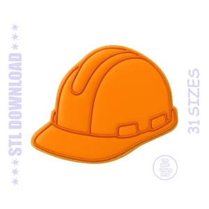 Pode incluir: Um capacete de construção laranja com aba e parte superior arredondada. A imagem inclui o texto "STL DOWNLOAD" à esquerda e "31 SIZES" à direita. Um pequeno logotipo circular para "The Little Cutting Shop" está no canto inferior direito.